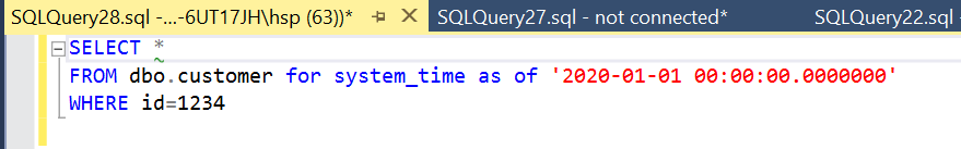 select * from dbo.customer for system_time as of '2020-01-01 00:00:00.0000000' where id=1234